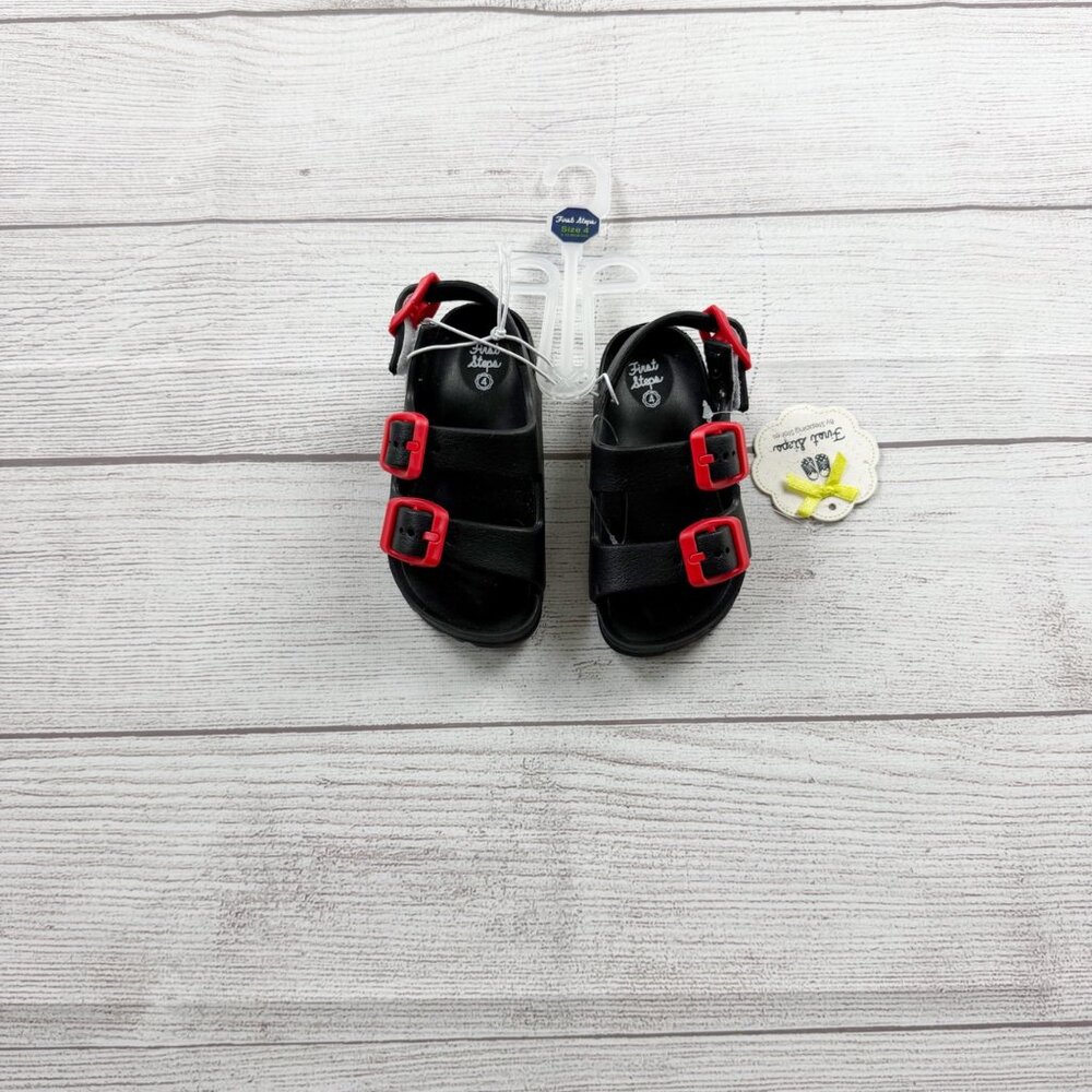 First Steps Toddler Sandals Black Fisherman Sandals Red Buckles NWT 4 - Picture 2 of 3